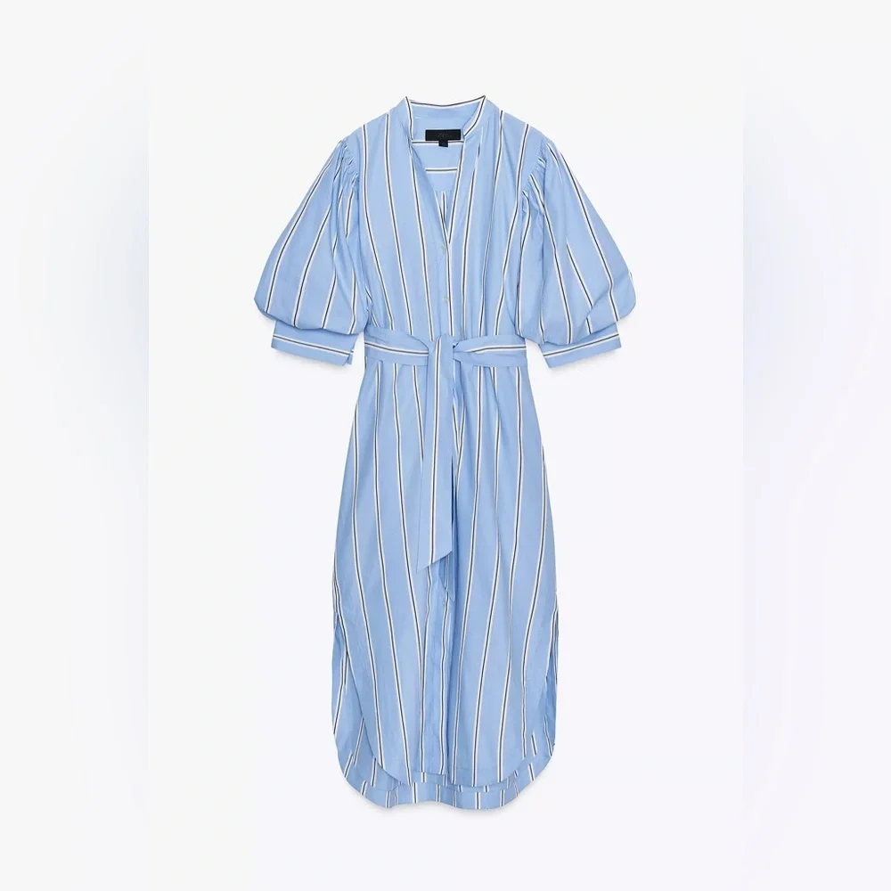 Zara ZW Blue Striped Belted Shirt Dress Puff Sleeves 100% Cotton Buttons NWT XS - Picture 6 of 15